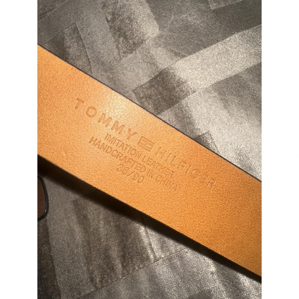 Tommy Hilfiger Belt‎ Mens 36/90 Brown Imitation Leather Silver Buckle Flag Logo